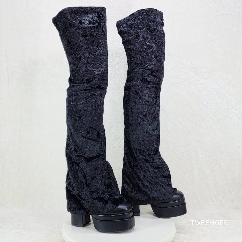 Unique Thigh High Black Velvet Fold over Skirted Chunky Heel Platform Boots - Picture 15 of 17